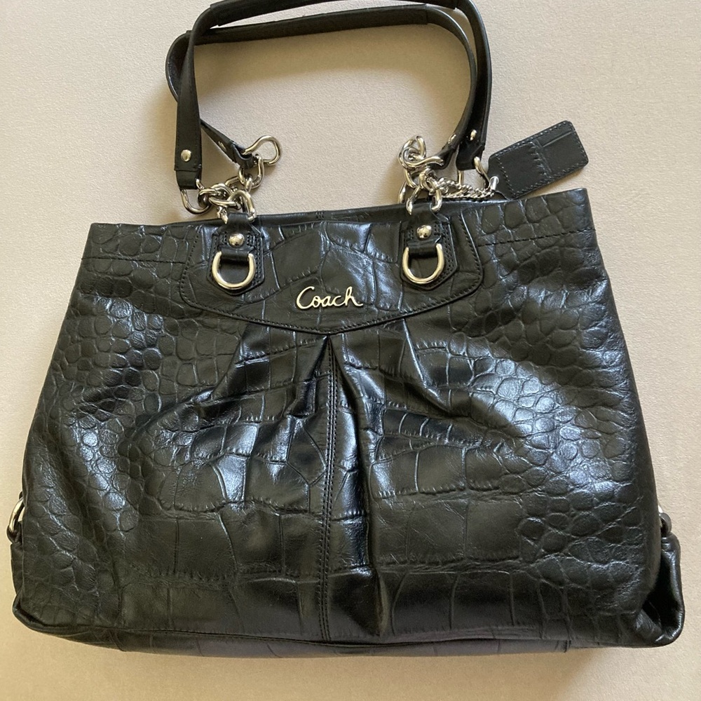 Coach Black Shoulder Bag with Embossed Pattern